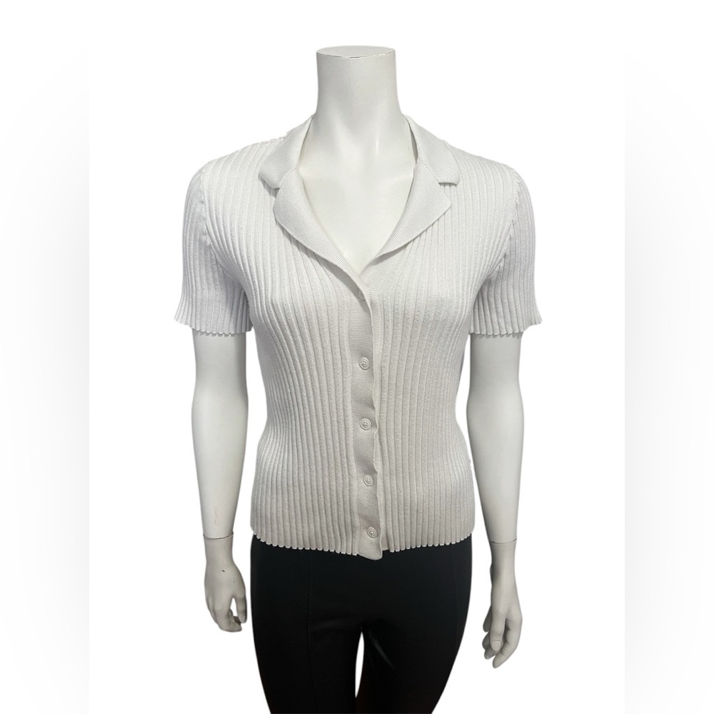 OAK + FORT Cream Ribbed Short Sleeve Cardigan Size Small